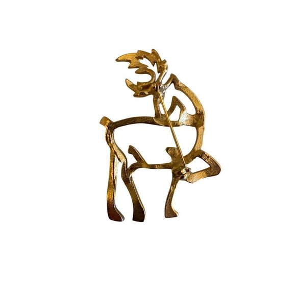 Vintage Gold Tone Reindeer Brooch Pin With Rhinestone Accents - Picture 2 of 3